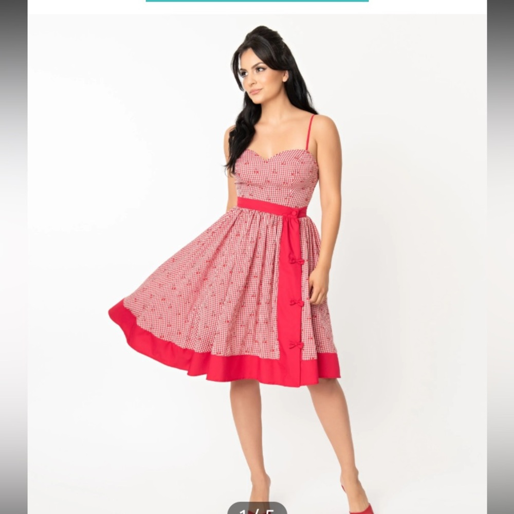 •Unique Vintage Red Gingham Cherry Print Rockabilly XS Rye Swing Skirt #D